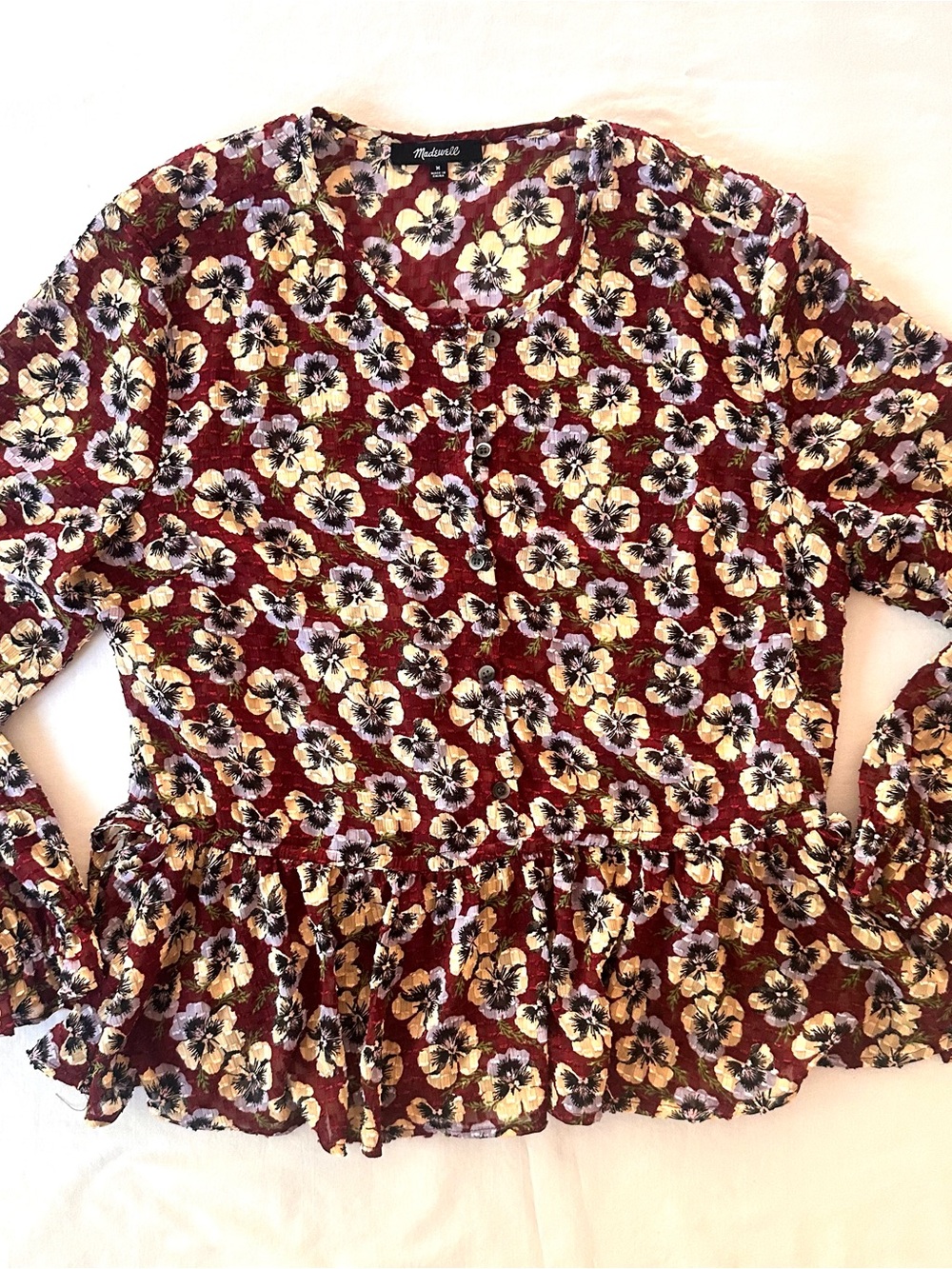 Madewell Pansy Burgundy Floral Peplum Blouse Size M